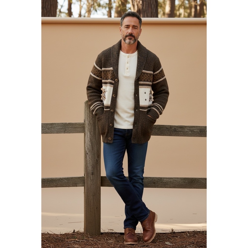 Mountain Ridge Men XXL Brown Fair Isle Shawl Collar Cardigan Sweater Core Brown